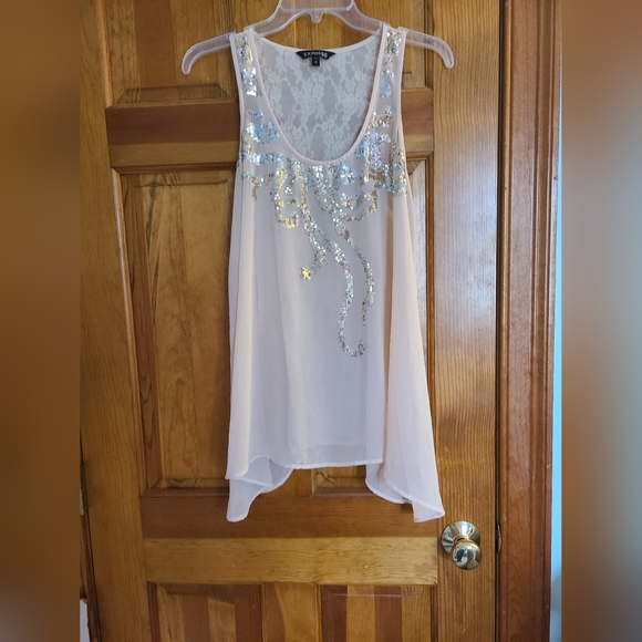 BOGO Express Sheer Champagne colored Top w/ Sequin design & Lace back size MED - Picture 1 of 13